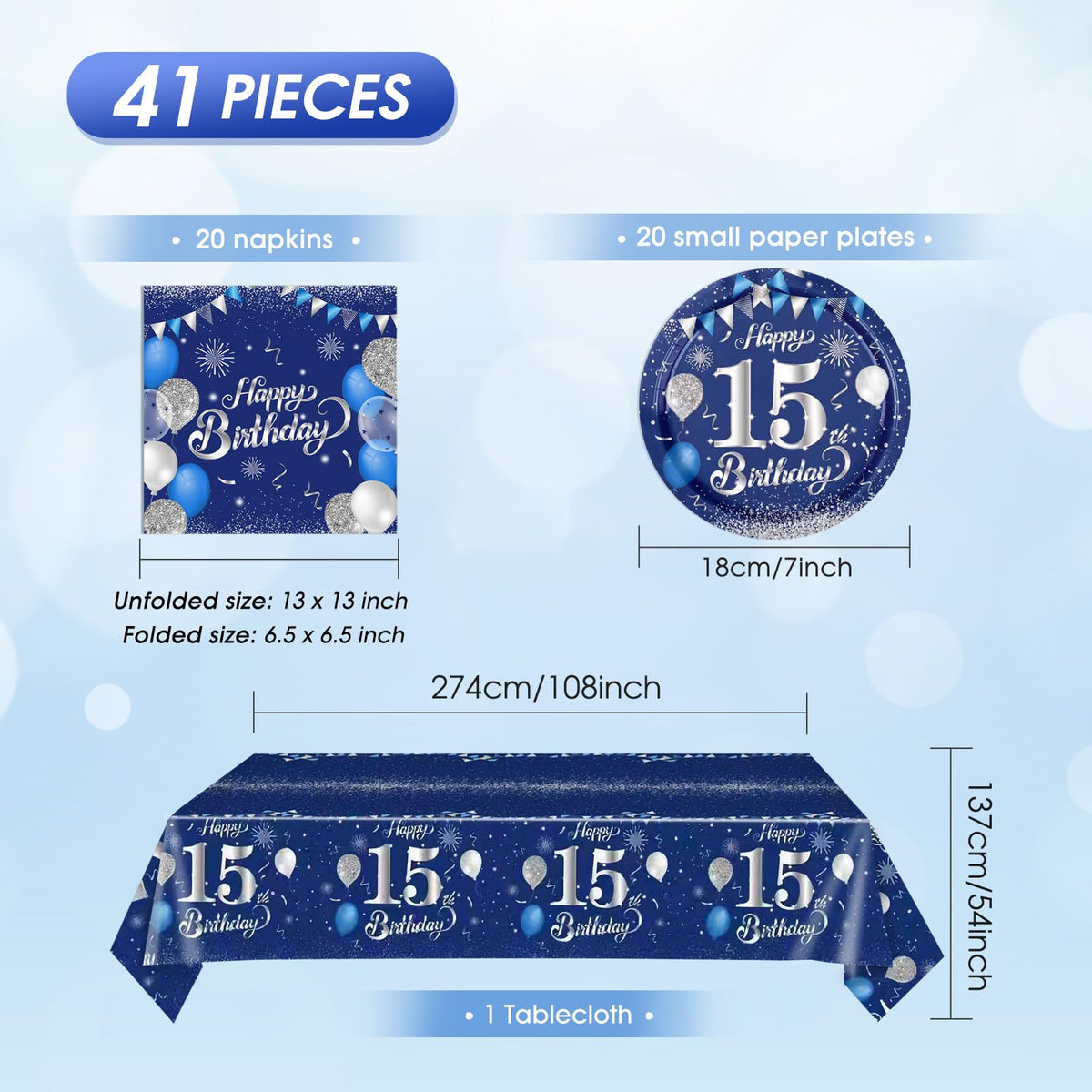 SNIMICS Navy Blue Silver 15th Birthday Tableware Set – 20 Plates, 24 Napkins, 54x108in Tablecloth
