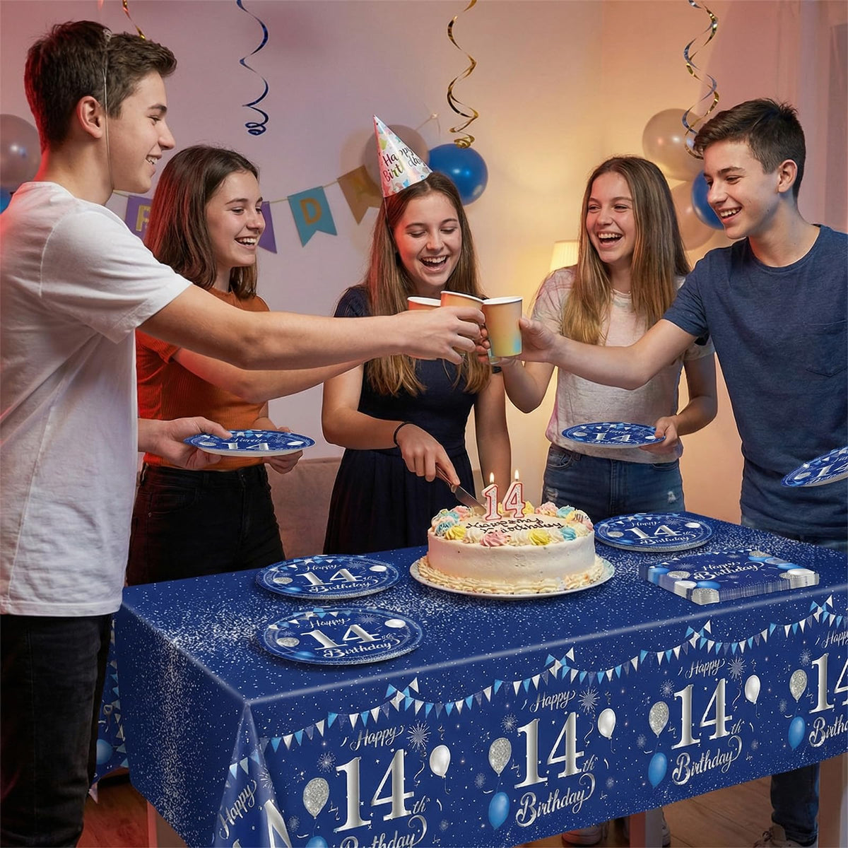 SNIMICS 41-Piece Navy Blue & Silver 14th Birthday Decorations – Plates, Napkins & Tablecloth for 20 Guests