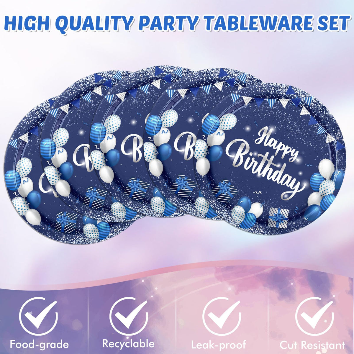 SNIMICS Navy Blue & Silver Birthday Tableware Set