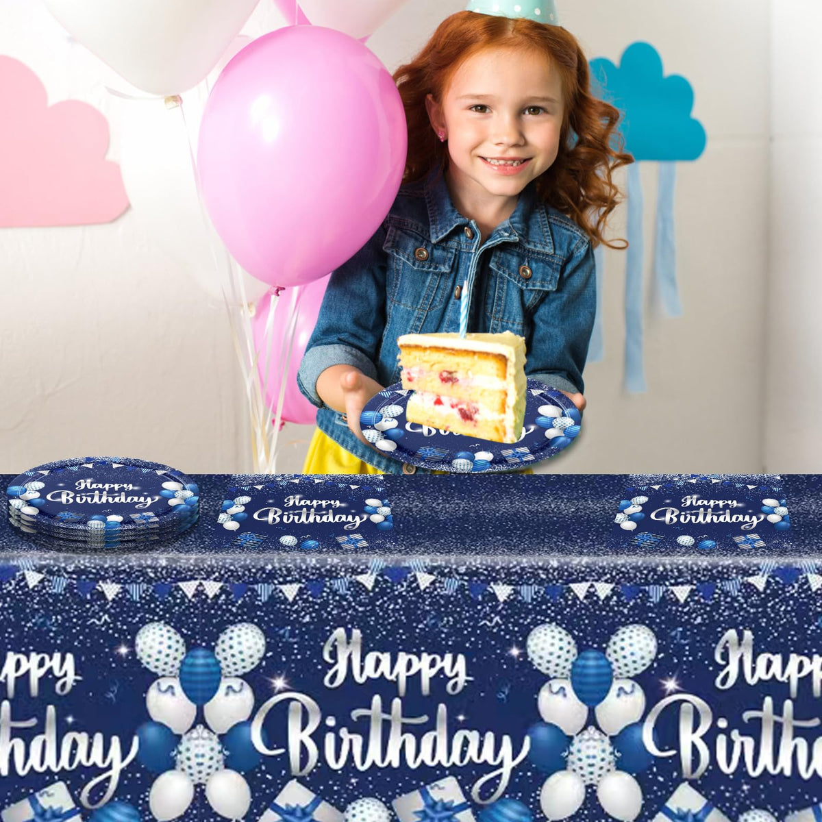 SNIMICS Navy Blue & Silver Birthday Tableware Set