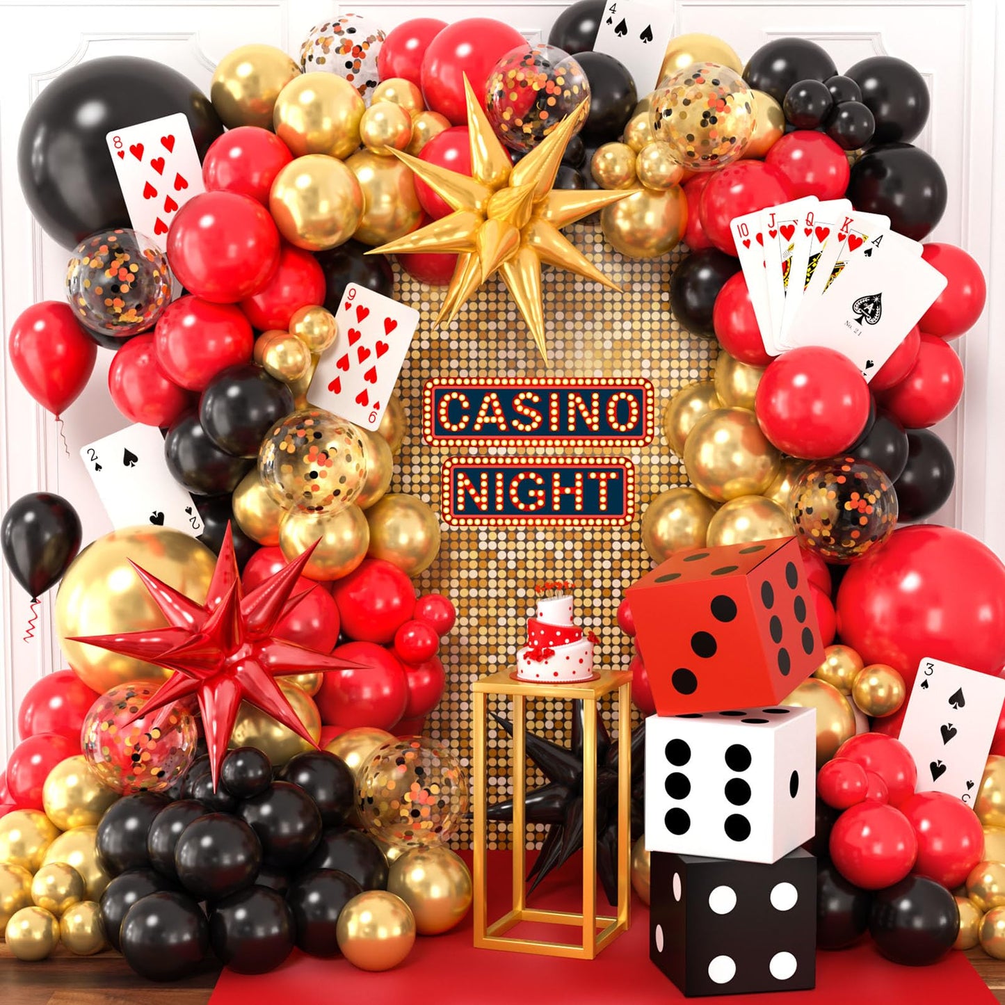 132Pcs Casino Theme Party Decorations by SNLN - Vegas Balloon Garland, Dice Boxes & Poker Cards