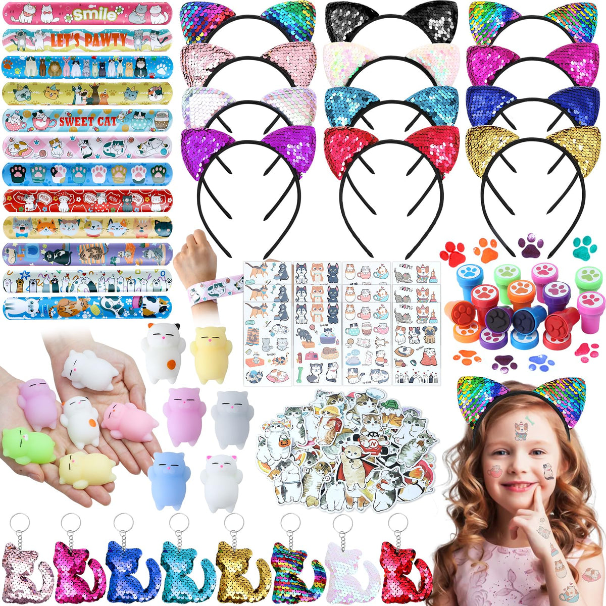 SNLN Cat Party Favors Kit — Sequin Headbands, Squishy Toys, Stamps, Keychains, Slap Bracelets, Tattoos, Stickers