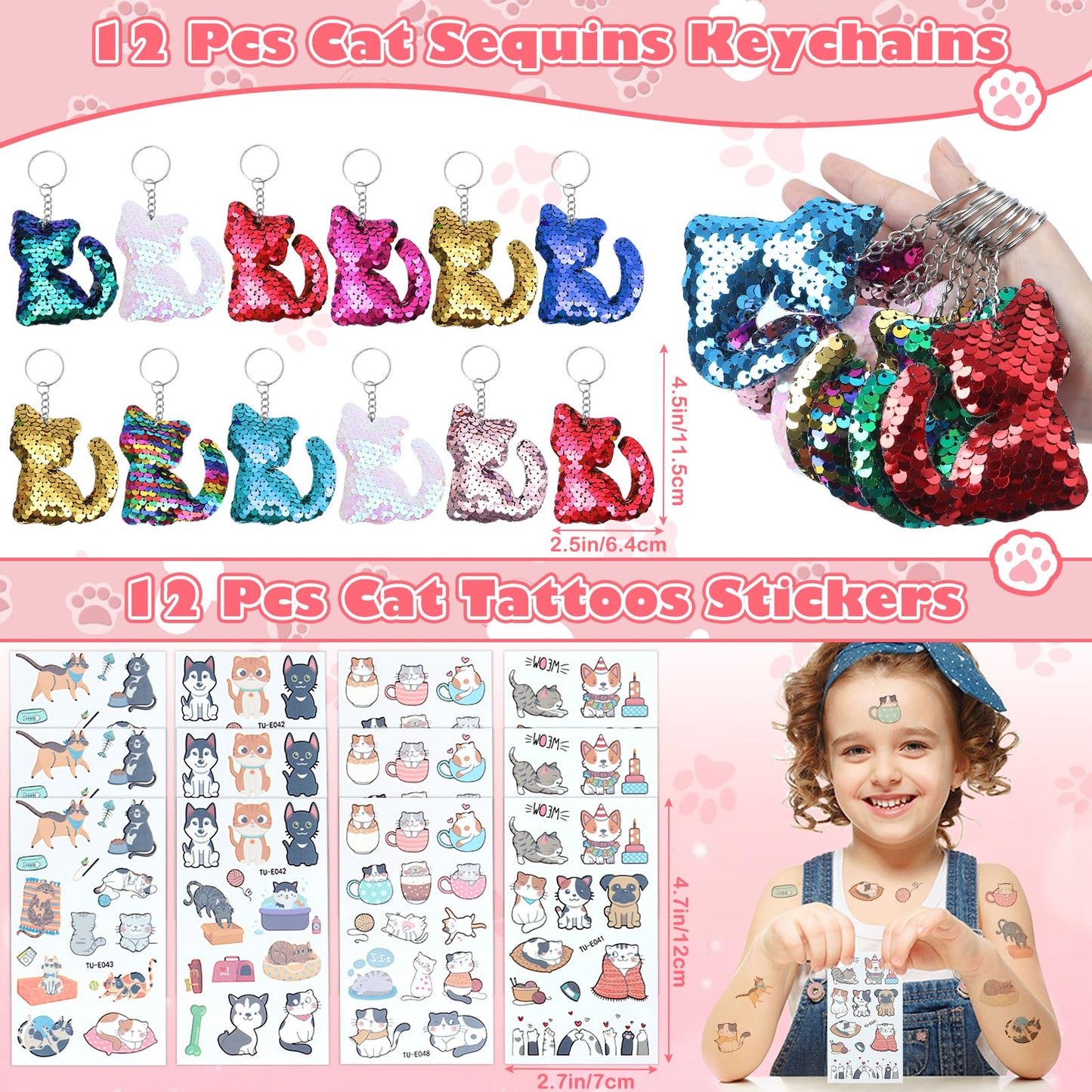 SNLN Cat Party Favors Kit — Sequin Headbands, Squishy Toys, Stamps, Keychains, Slap Bracelets, Tattoos, Stickers