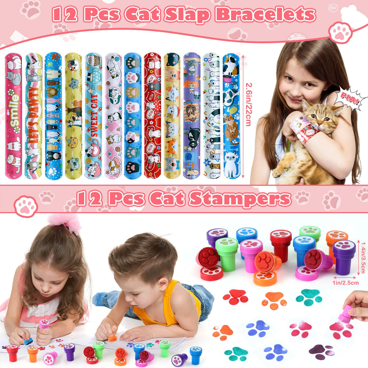SNLN Cat Party Favors Kit — Sequin Headbands, Squishy Toys, Stamps, Keychains, Slap Bracelets, Tattoos, Stickers