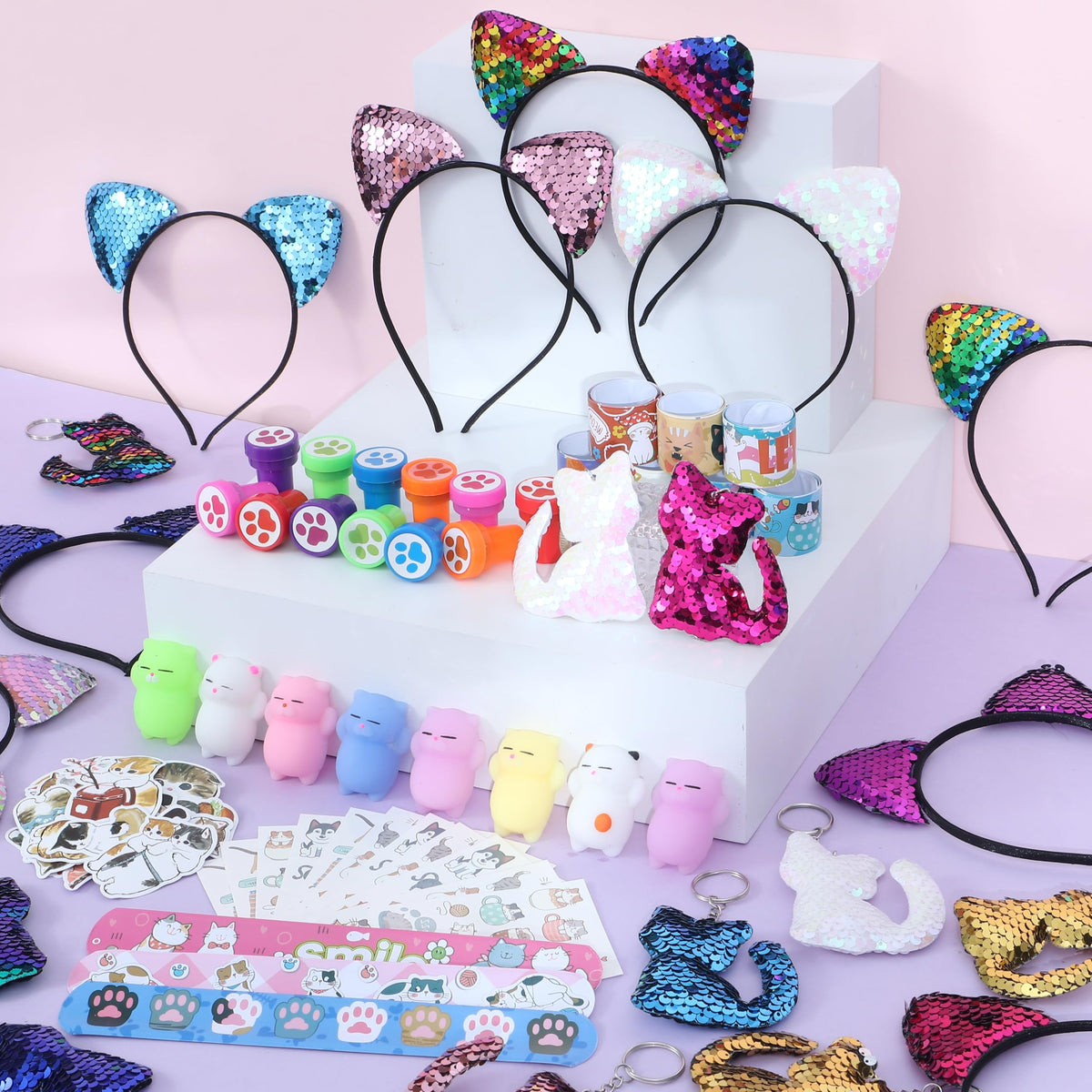 SNLN Cat Party Favors Kit — Sequin Headbands, Squishy Toys, Stamps, Keychains, Slap Bracelets, Tattoos, Stickers