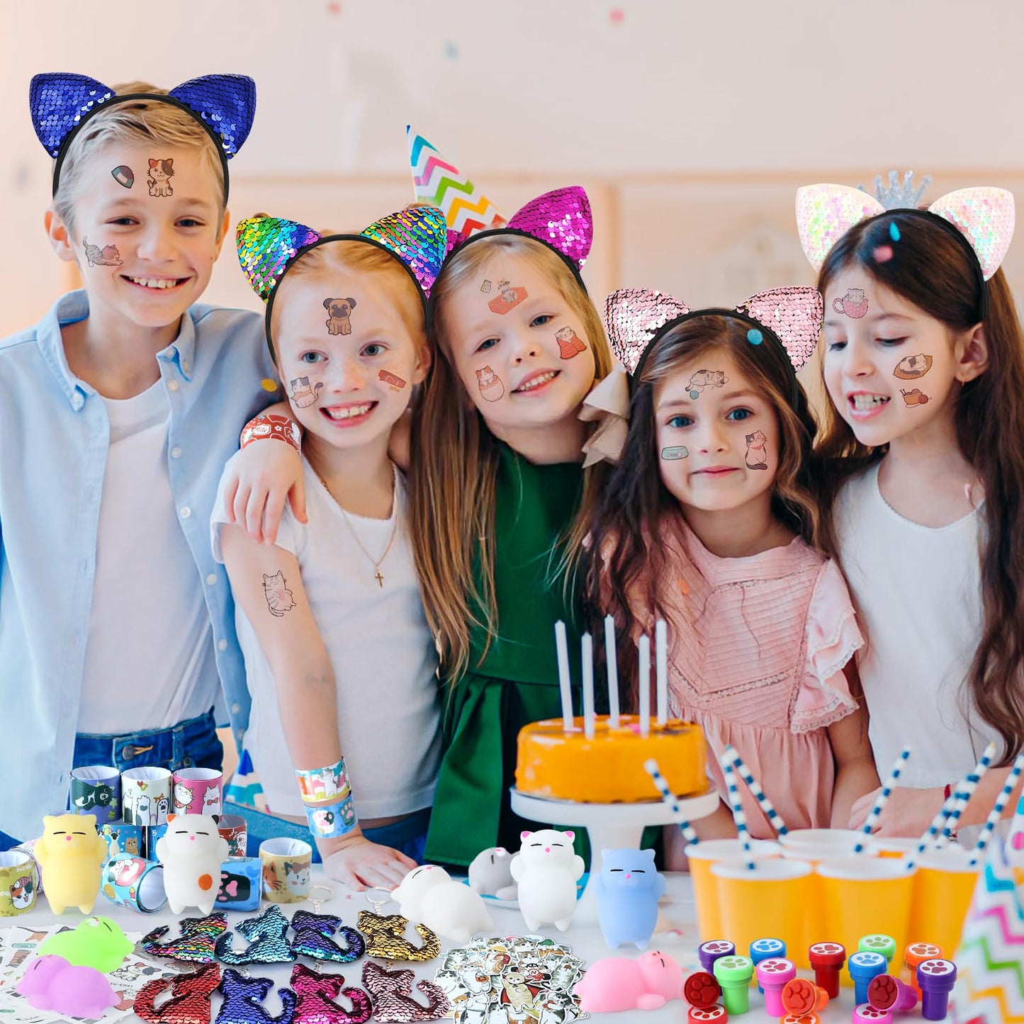 SNLN Cat Party Favors Kit — Sequin Headbands, Squishy Toys, Stamps, Keychains, Slap Bracelets, Tattoos, Stickers