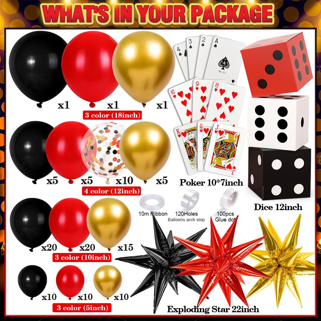 132Pcs Casino Theme Party Decorations by SNLN - Vegas Balloon Garland, Dice Boxes & Poker Cards