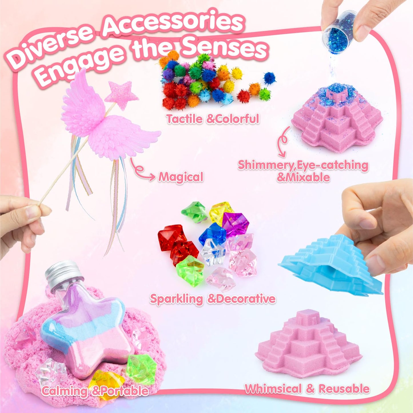 Snookids 162Pcs Sensory Sand Kit with Beeswax – 690g, 24 Molds, Unicorns, Sandbox with Lid (Educational Toys 3+)