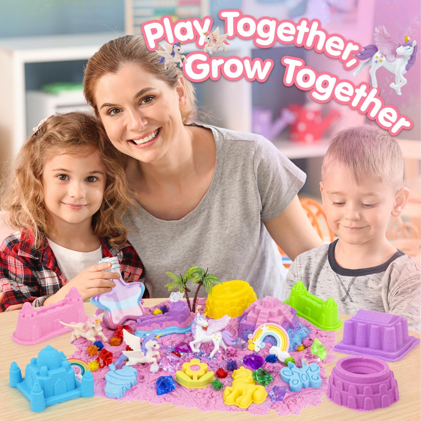Snookids 162Pcs Sensory Sand Kit with Beeswax – 690g, 24 Molds, Unicorns, Sandbox with Lid (Educational Toys 3+)