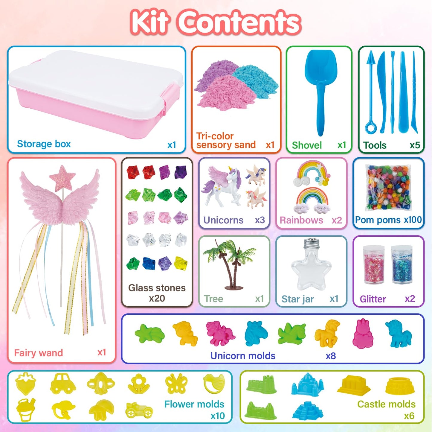 Snookids 162Pcs Sensory Sand Kit with Beeswax – 690g, 24 Molds, Unicorns, Sandbox with Lid (Educational Toys 3+)