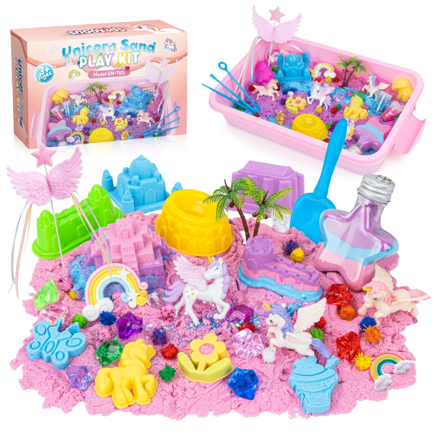 Snookids 162Pcs Sensory Sand Kit with Beeswax – 690g, 24 Molds, Unicorns, Sandbox with Lid (Educational Toys 3+)