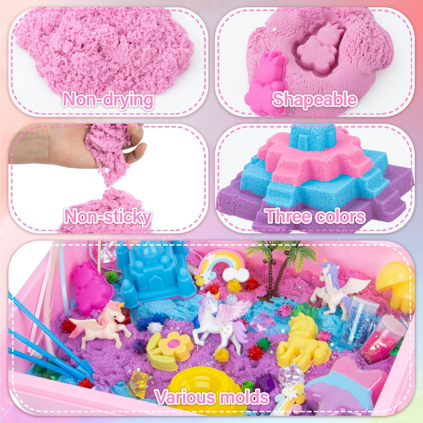 Snookids 162Pcs Sensory Sand Kit with Beeswax – 690g, 24 Molds, Unicorns, Sandbox with Lid (Educational Toys 3+)