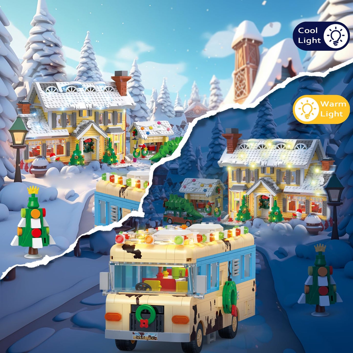 Snow Village Building Set 4-in-1 Christmas House, RV, Pickup & Garage – 2056 Pieces | LEGO Compatible