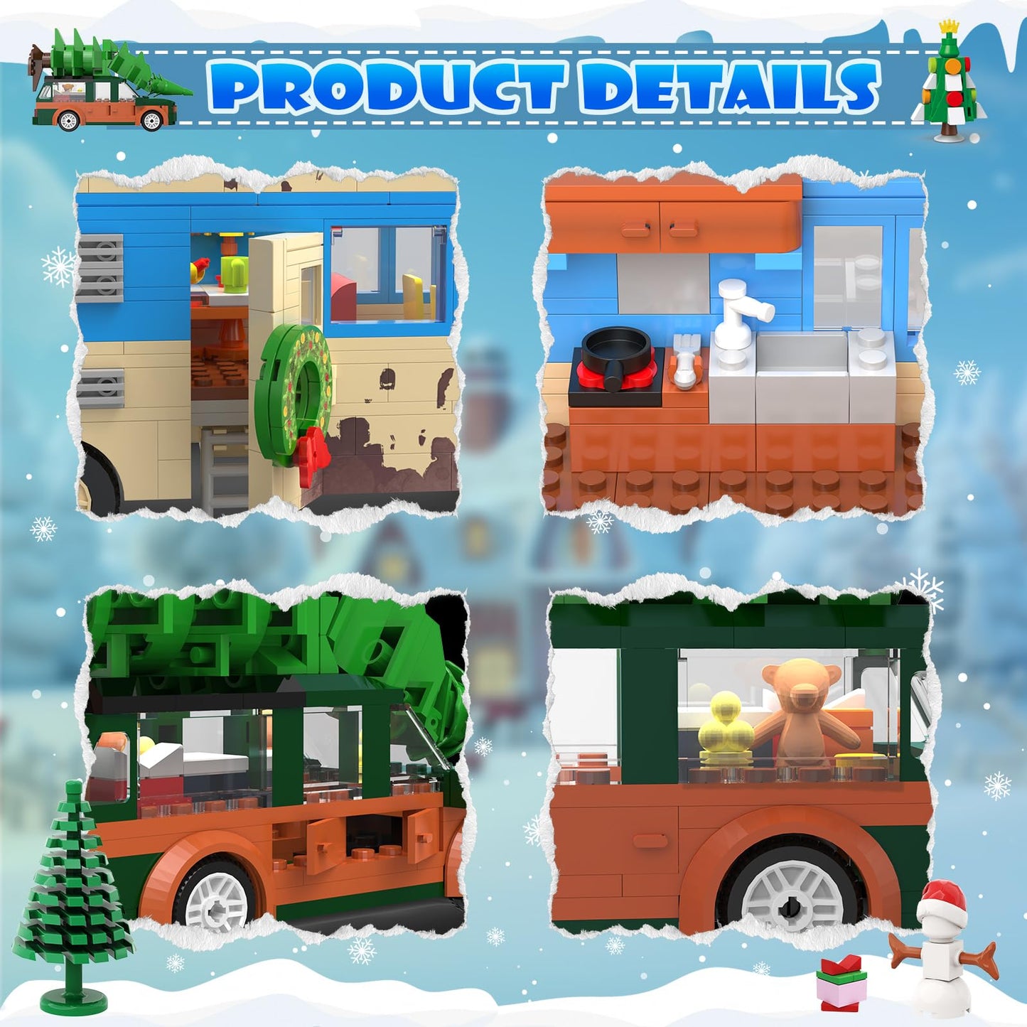 Snow Village Building Set 4-in-1 Christmas House, RV, Pickup & Garage – 2056 Pieces | LEGO Compatible