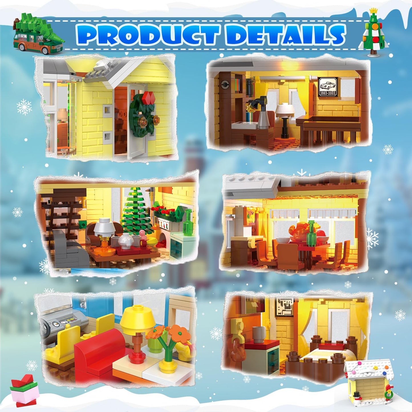 Snow Village Building Set 4-in-1 Christmas House, RV, Pickup & Garage – 2056 Pieces | LEGO Compatible