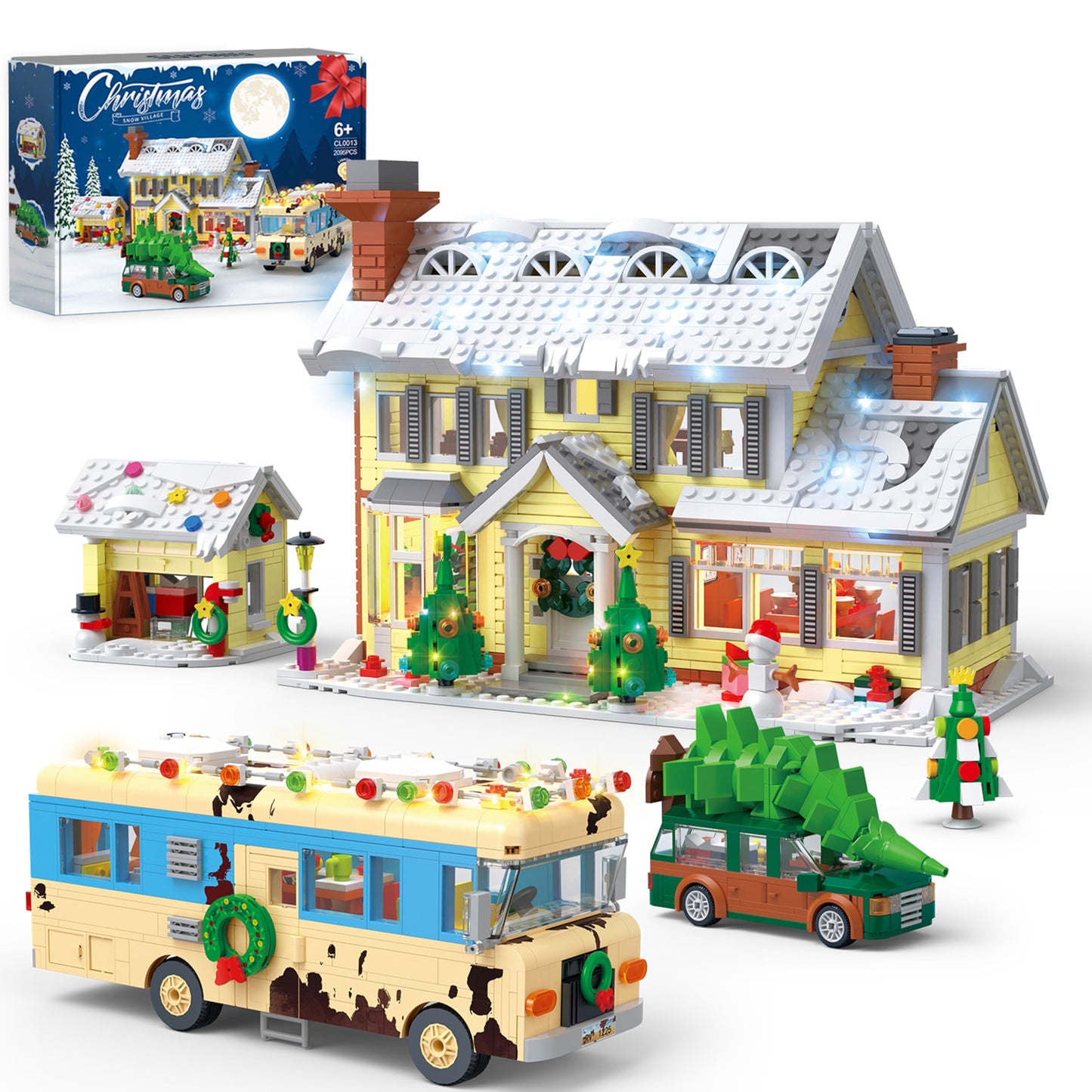 Snow Village Building Set 4-in-1 Christmas House, RV, Pickup & Garage – 2056 Pieces | LEGO Compatible