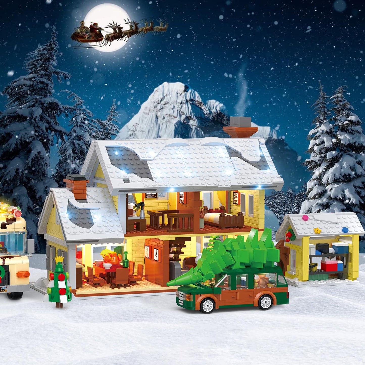Snow Village Building Set 4-in-1 Christmas House, RV, Pickup & Garage – 2056 Pieces | LEGO Compatible