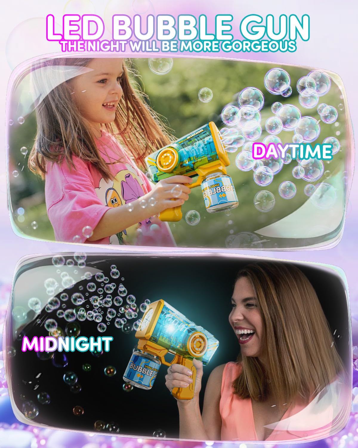 Snowalva Bubble Gun 2 Packs – Automatic Bubble Machine with LED Lights, 2 Bottles & 25 Refills | Kids Gift