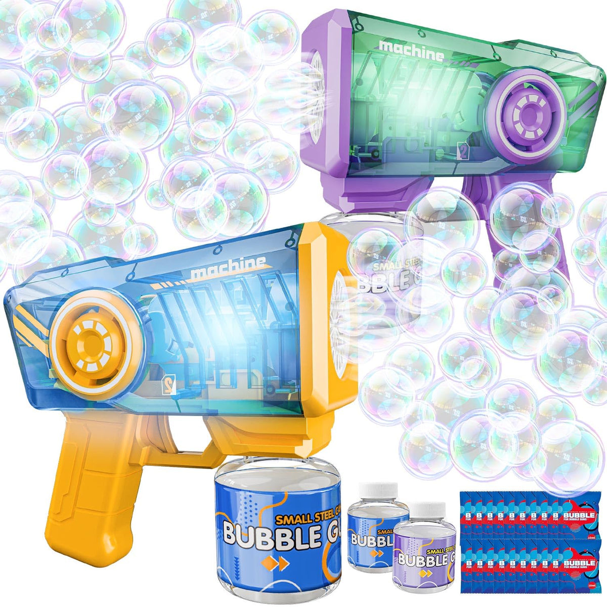 Snowalva Bubble Gun 2 Packs – Automatic Bubble Machine with LED Lights, 2 Bottles & 25 Refills | Kids Gift