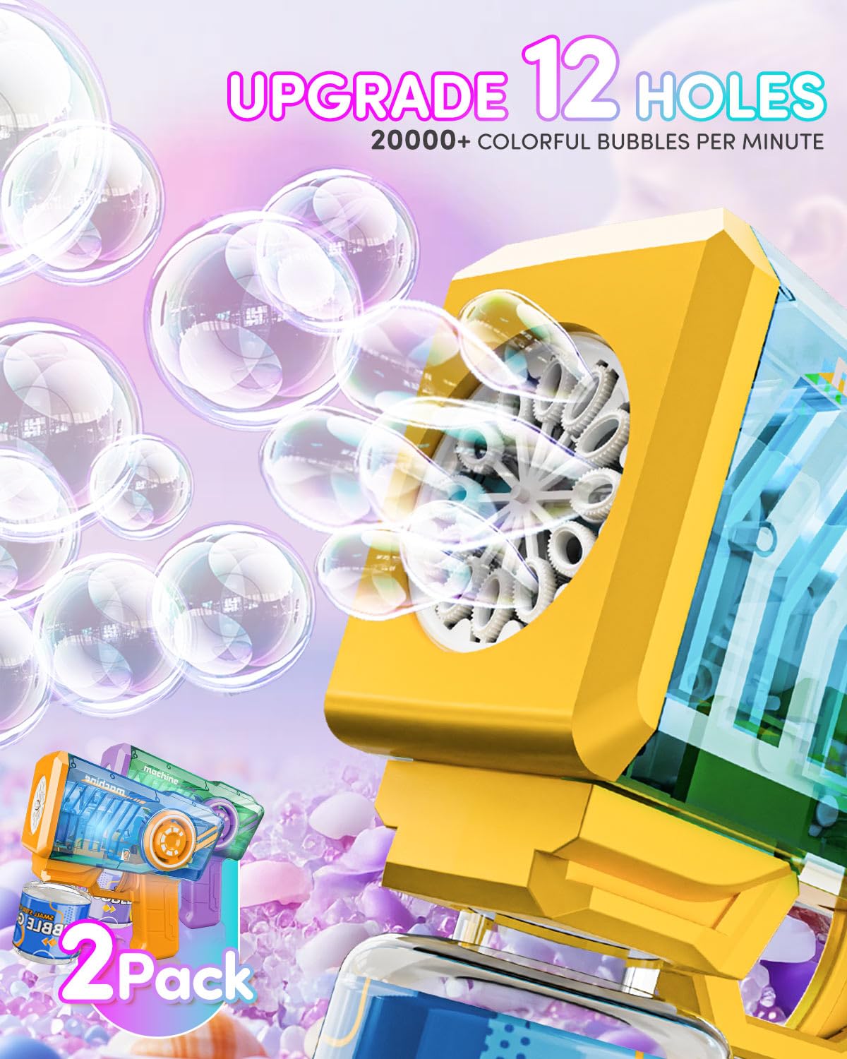Snowalva Bubble Gun 2 Packs – Automatic Bubble Machine with LED Lights, 2 Bottles & 25 Refills | Kids Gift