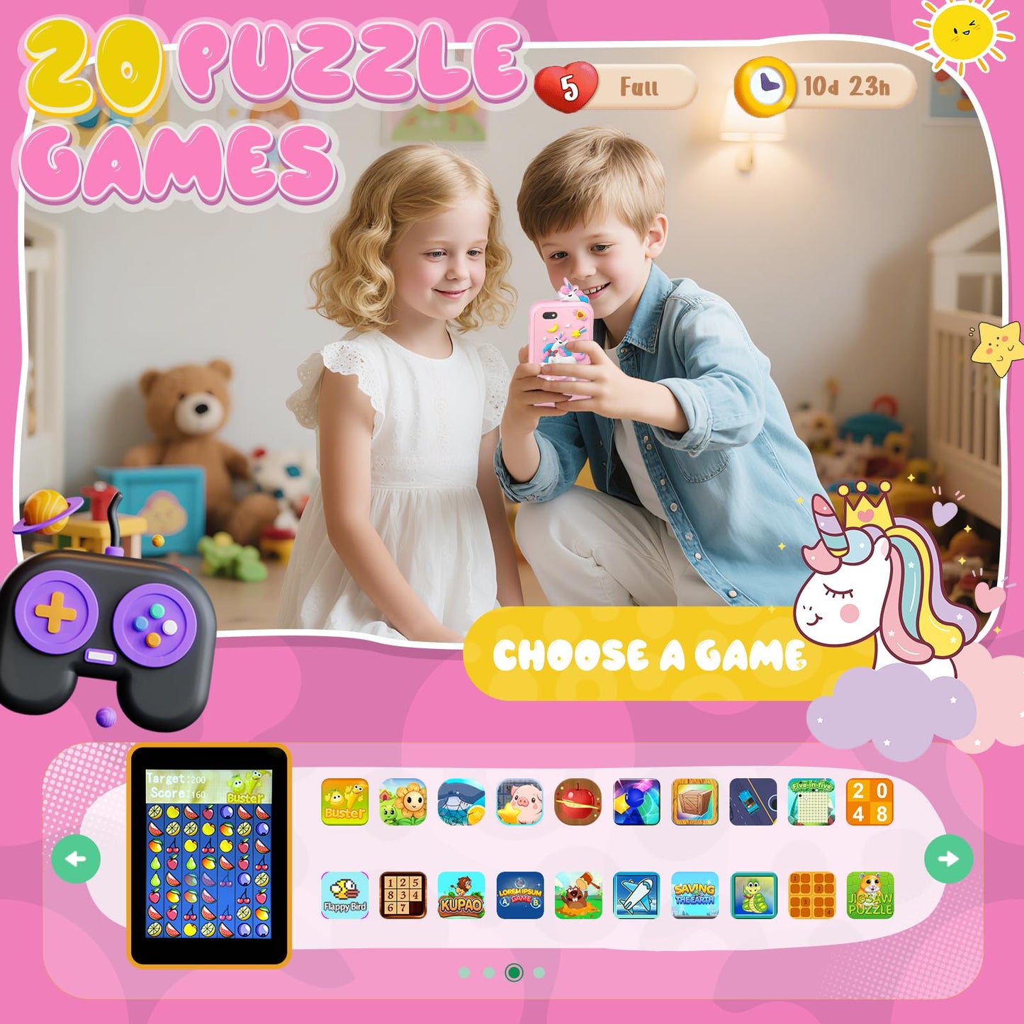 SnowCinda Kids Smart Phone Toys for Girls - 2.8 inch Touchscreen, 20 Games, Dual Cameras, 8GB Card