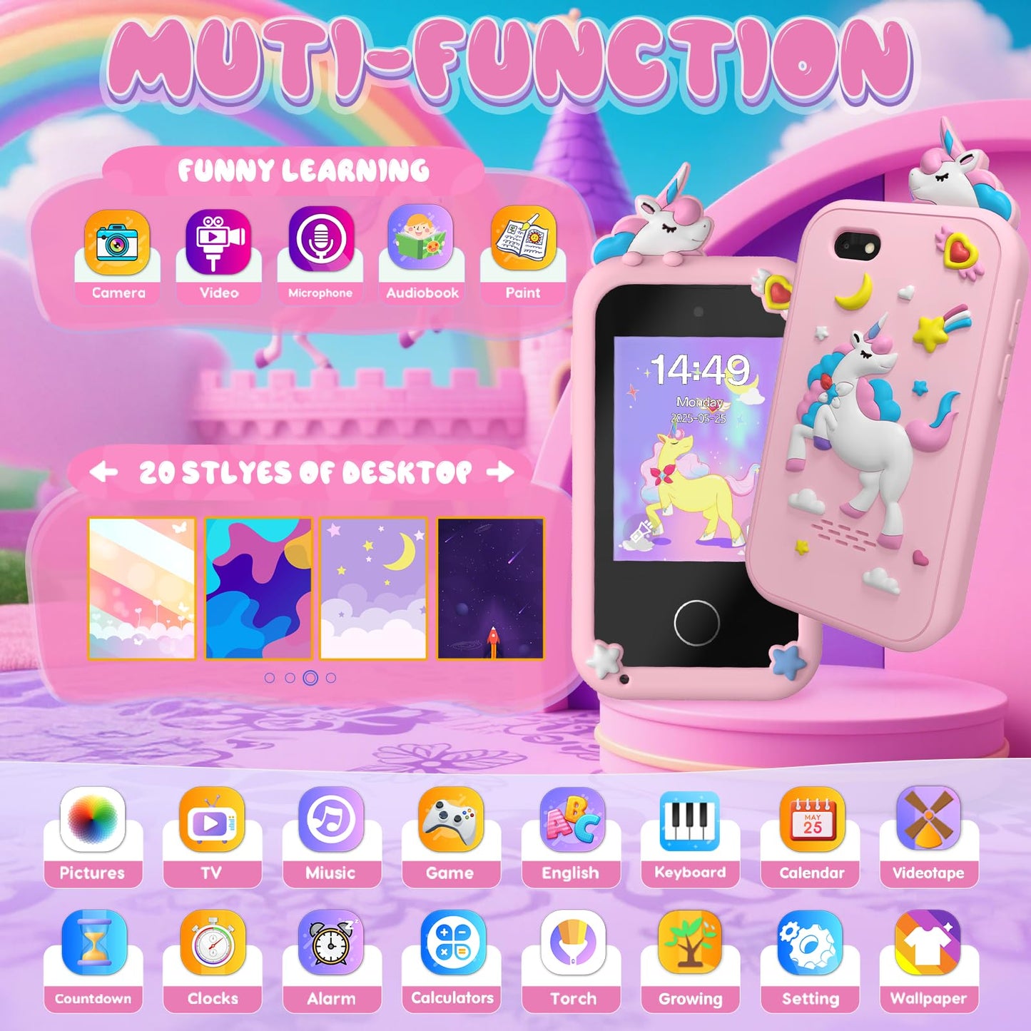SnowCinda Kids Smart Phone Toys for Girls - 2.8 inch Touchscreen, 20 Games, Dual Cameras, 8GB Card