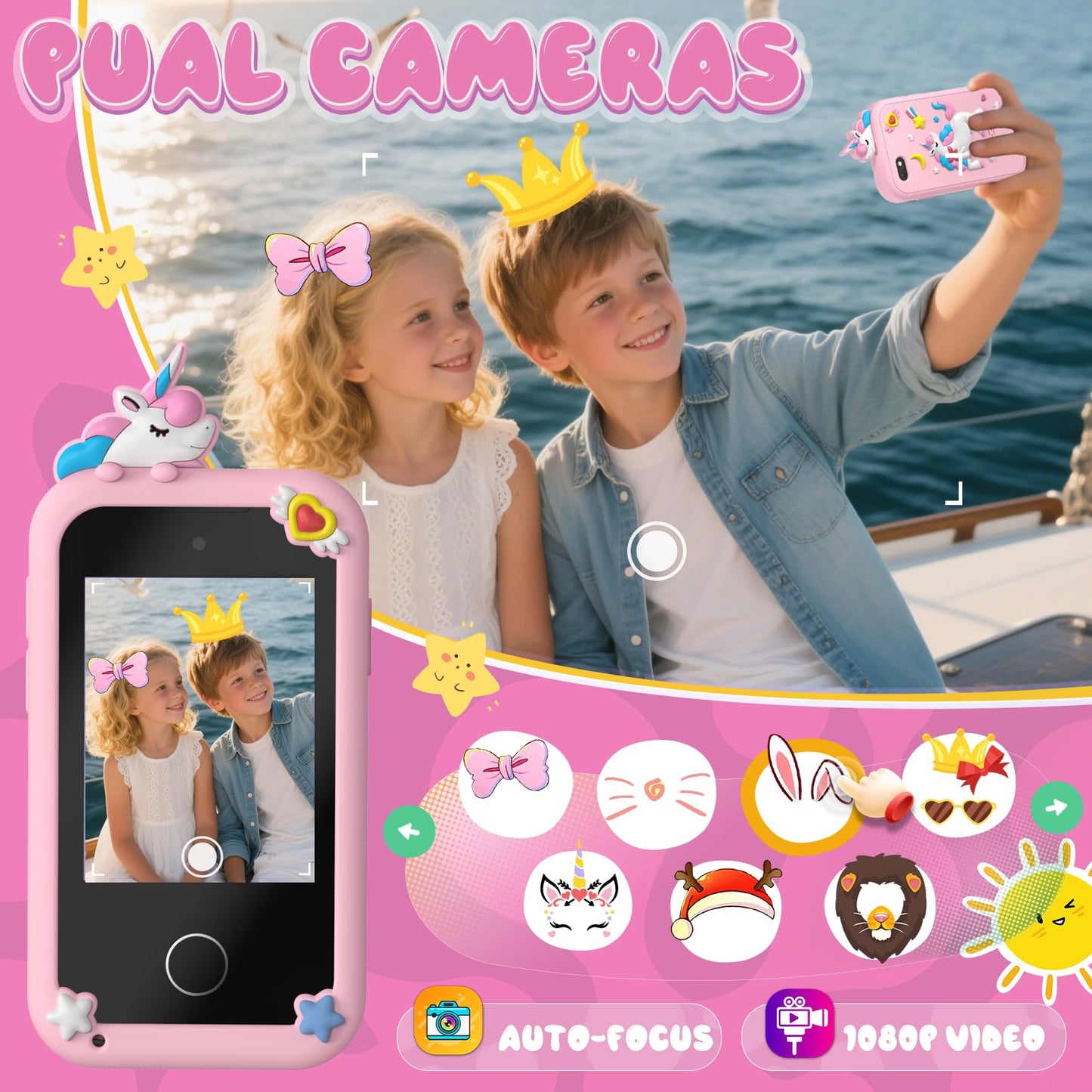 SnowCinda Kids Smart Phone Toys for Girls - 2.8 inch Touchscreen, 20 Games, Dual Cameras, 8GB Card