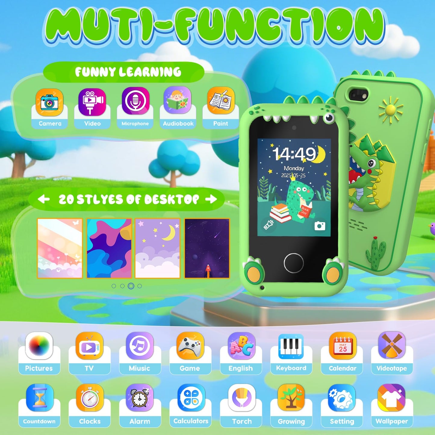 SnowCinda Kids Smart Phone Toy for Girls – 2.8-inch Touchscreen, 20 Games, Dual Cameras