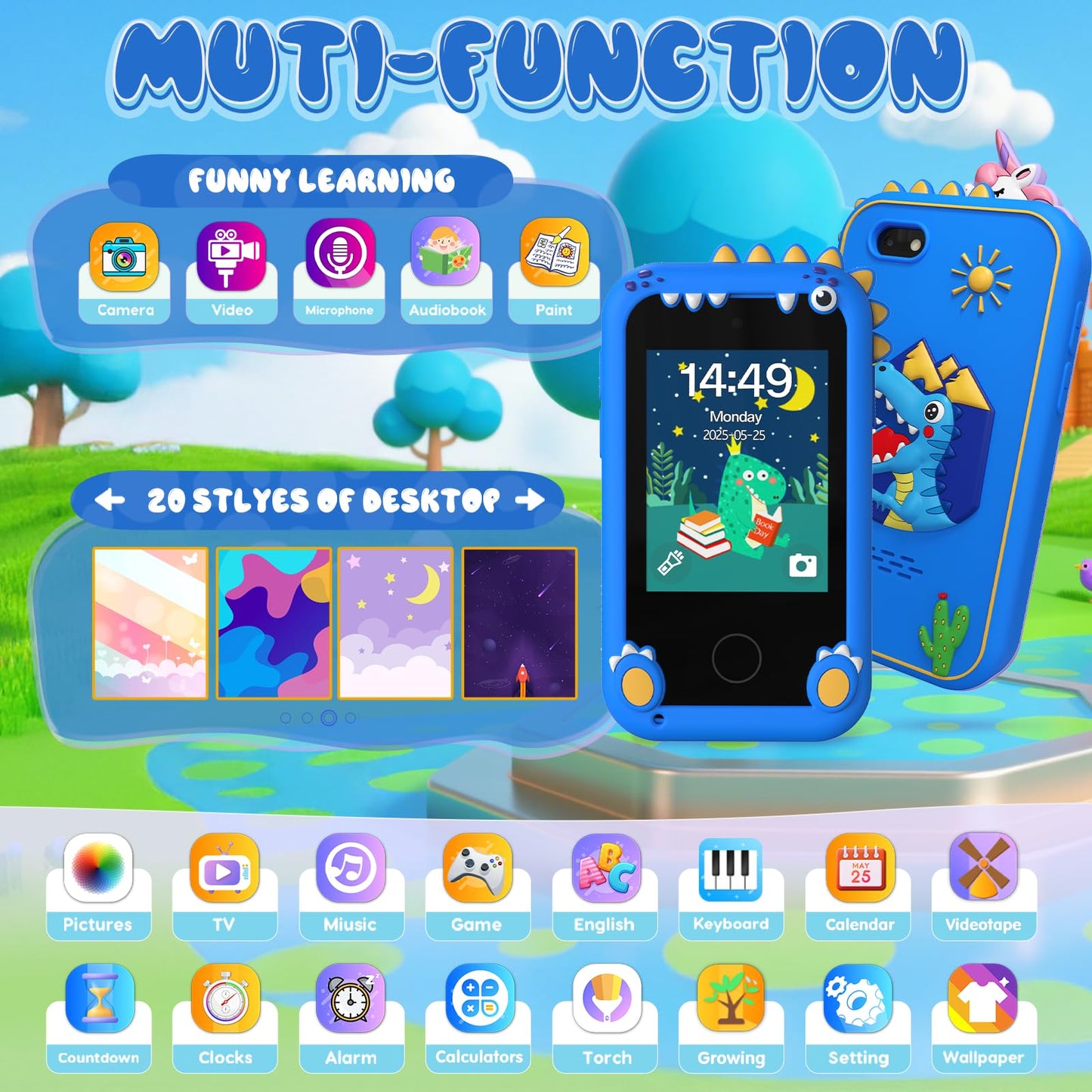 SnowCinda Kids Smart Phone Toys - 2.8 inch Touchscreen, 20 Learning Games, Dual Cameras