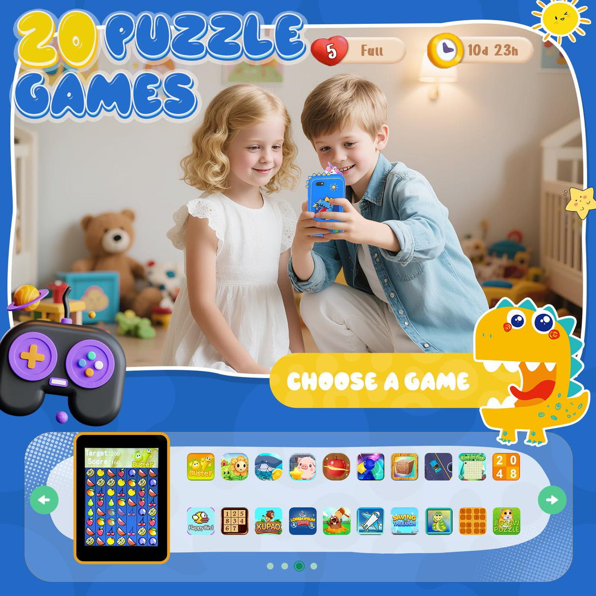 SnowCinda Kids Smart Phone Toys - 2.8 inch Touchscreen, 20 Learning Games, Dual Cameras