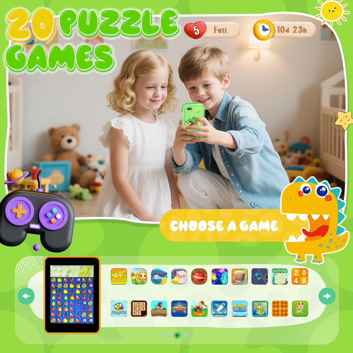 SnowCinda Kids Smart Phone Toy for Girls – 2.8-inch Touchscreen, 20 Games, Dual Cameras