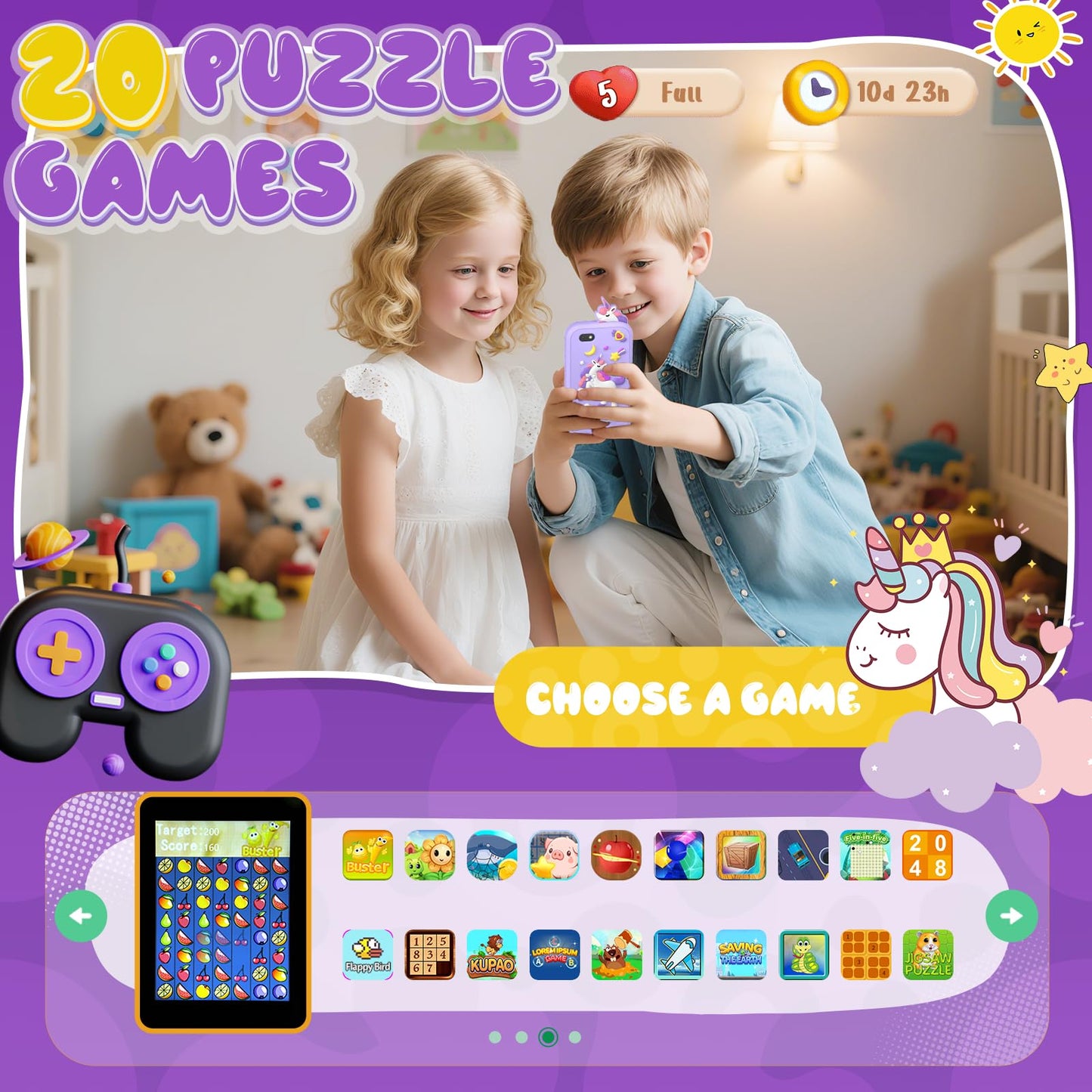 SnowCinda Kids Smart Phone Toy for Girls — 2.8” Touchscreen, 20 Games, Dual Cameras