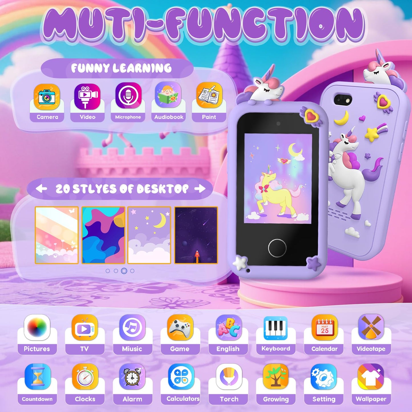SnowCinda Kids Smart Phone Toy for Girls — 2.8” Touchscreen, 20 Games, Dual Cameras