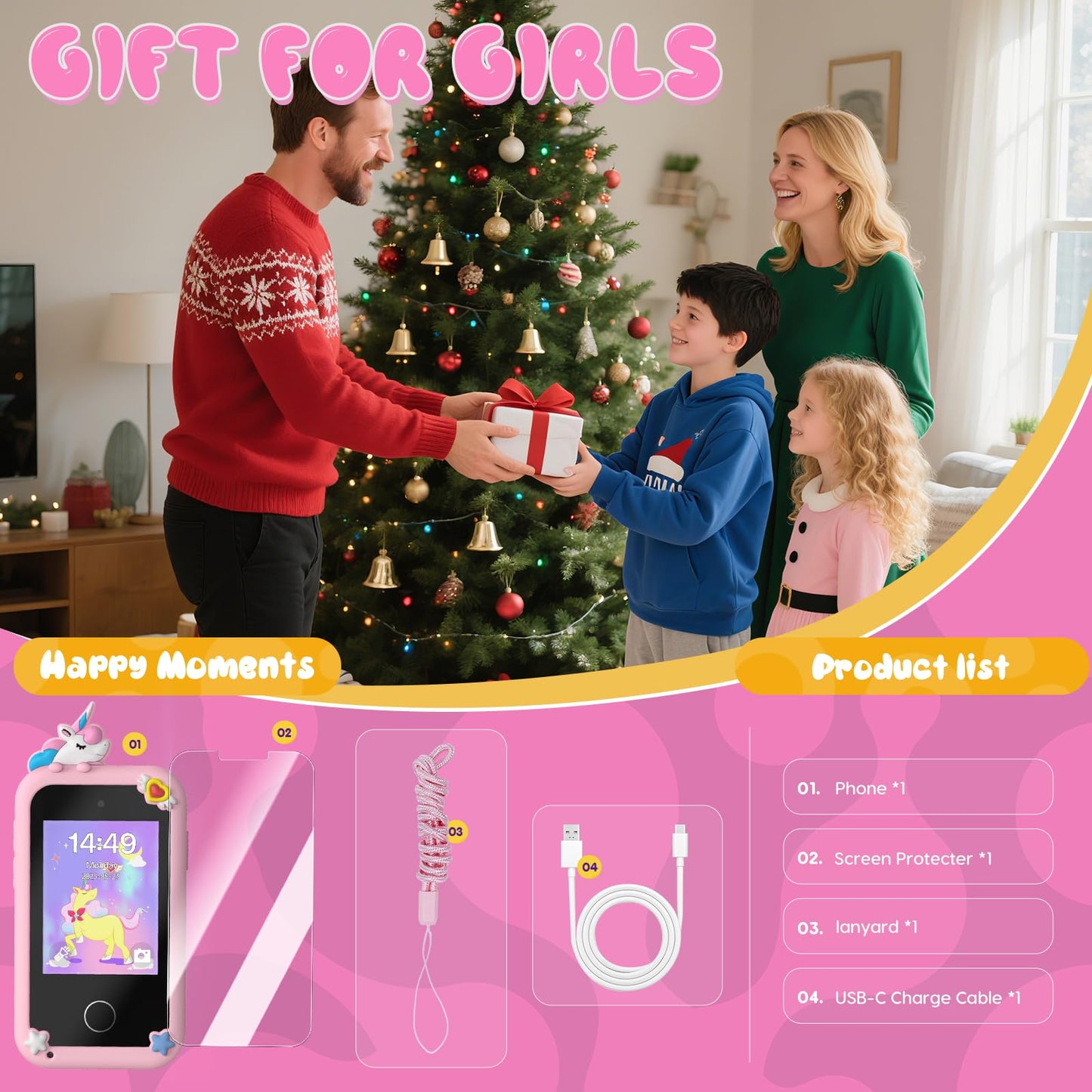 SnowCinda Kids Smart Phone Toys for Girls - 2.8 inch Touchscreen, 20 Games, Dual Cameras, 8GB Card