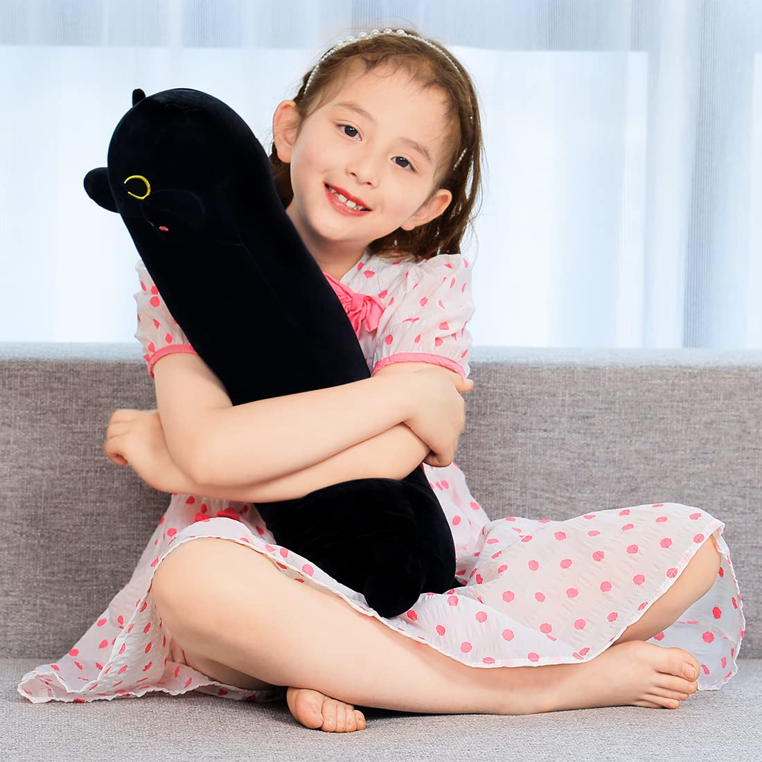 SNOWOLF Black Cat Plush Toy – Soft Long Cat Pillow, 50 cm (19.7 in)