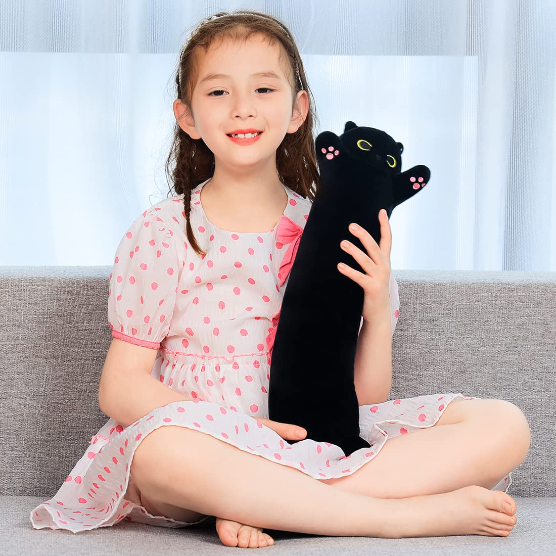 SNOWOLF Black Cat Plush Toy – Soft Long Cat Pillow, 50 cm (19.7 in)