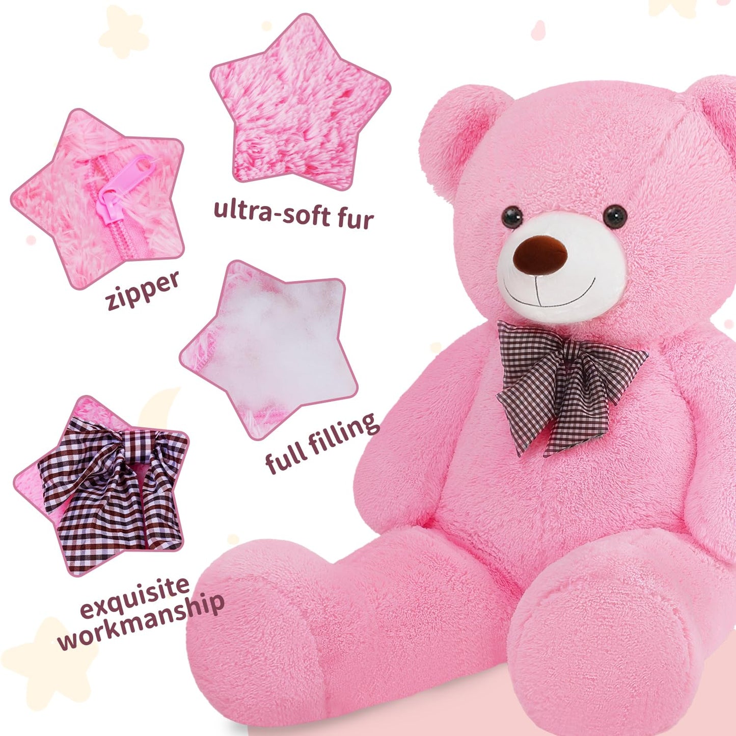 SNOWOLF Giant Pink Teddy Bear 44-Inch Plush – 113 cm, 5 lb Life-Size Soft Bear