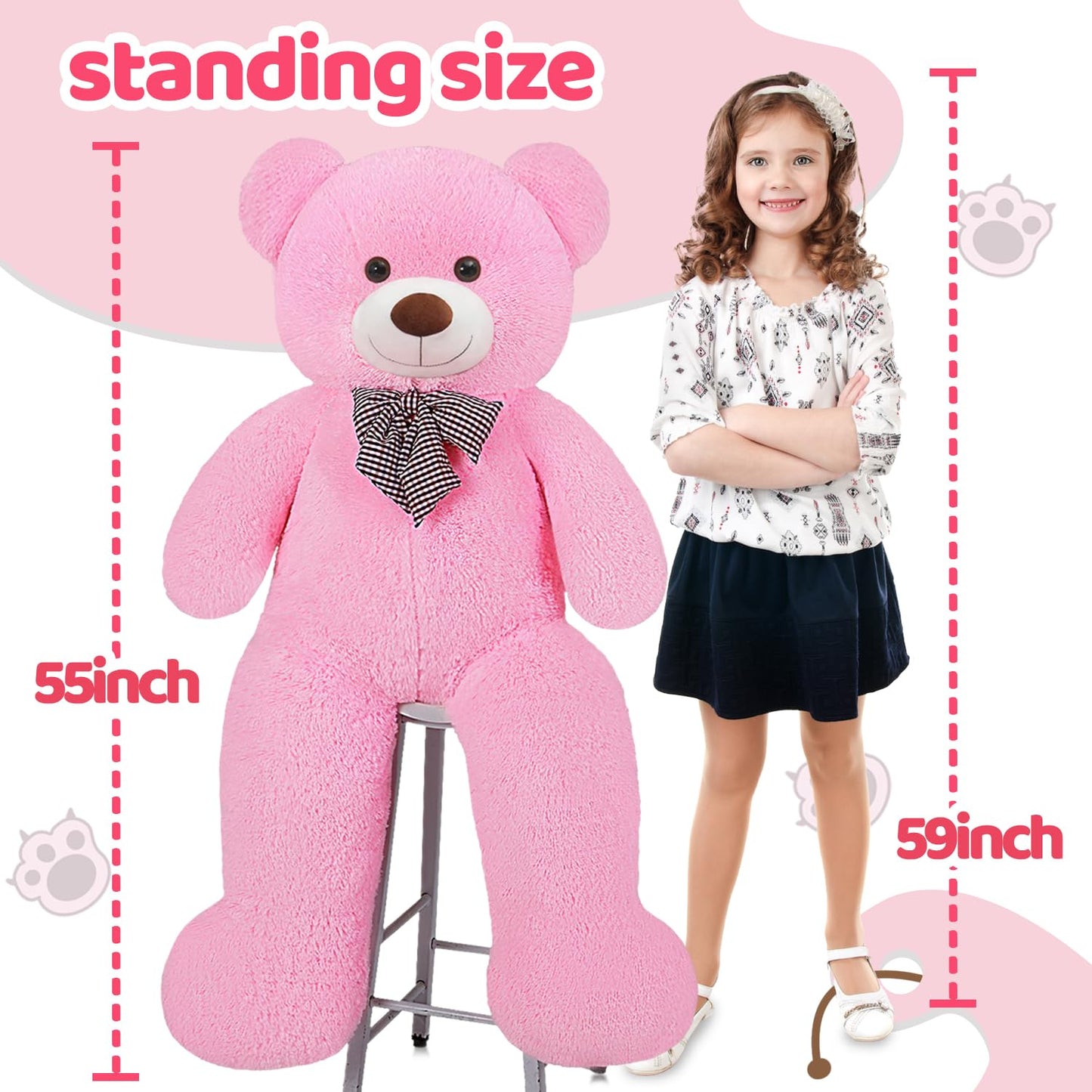 SNOWOLF Giant Pink Teddy Bear - 47-Inch Plush, 120 cm Life-Size Soft Stuffed Bear