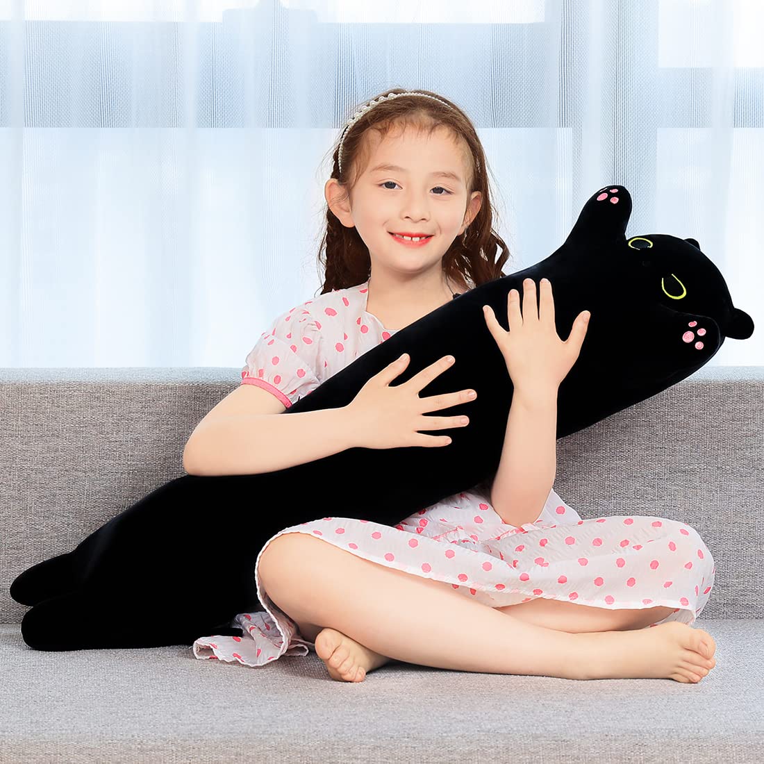 SNOWOLF Soft Long Black Cat Plush Toy 90 cm | Cozy Kitten Pillow, Cuddly Stuffed Animal