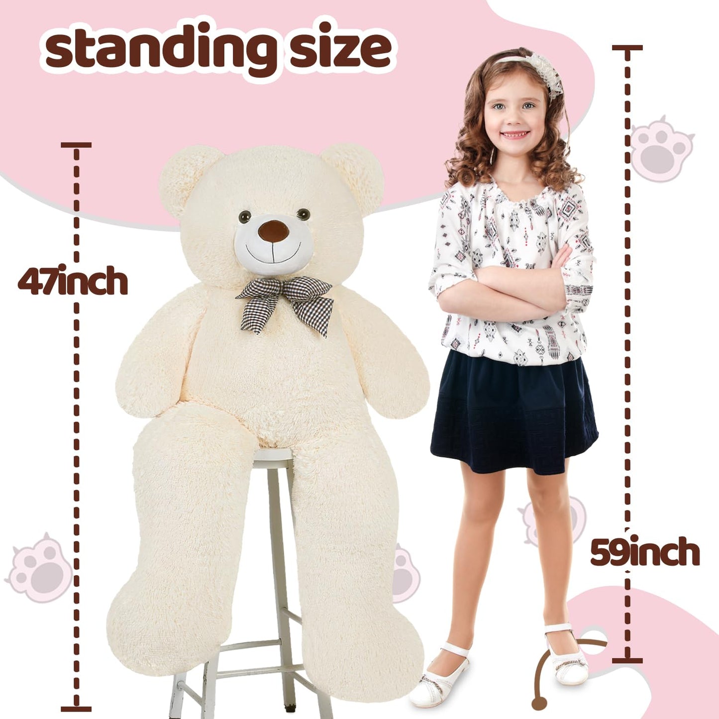 SNOWOLF Giant White Teddy Bear – 47" Life-Size Plush (120 cm, 5 lb) Gift Box Ready