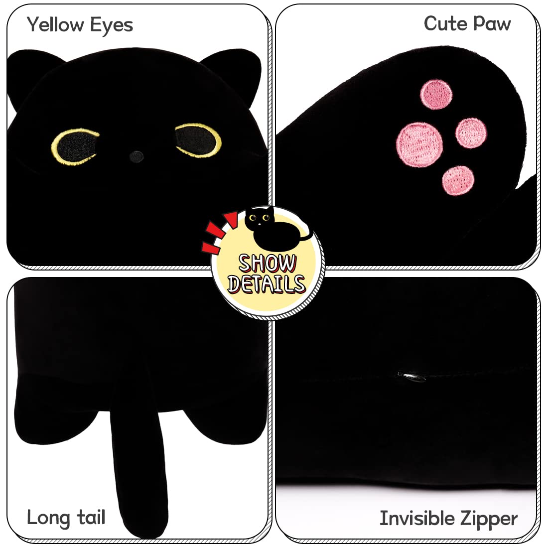 SNOWOLF Soft Long Black Cat Plush Toy 90 cm | Cozy Kitten Pillow, Cuddly Stuffed Animal