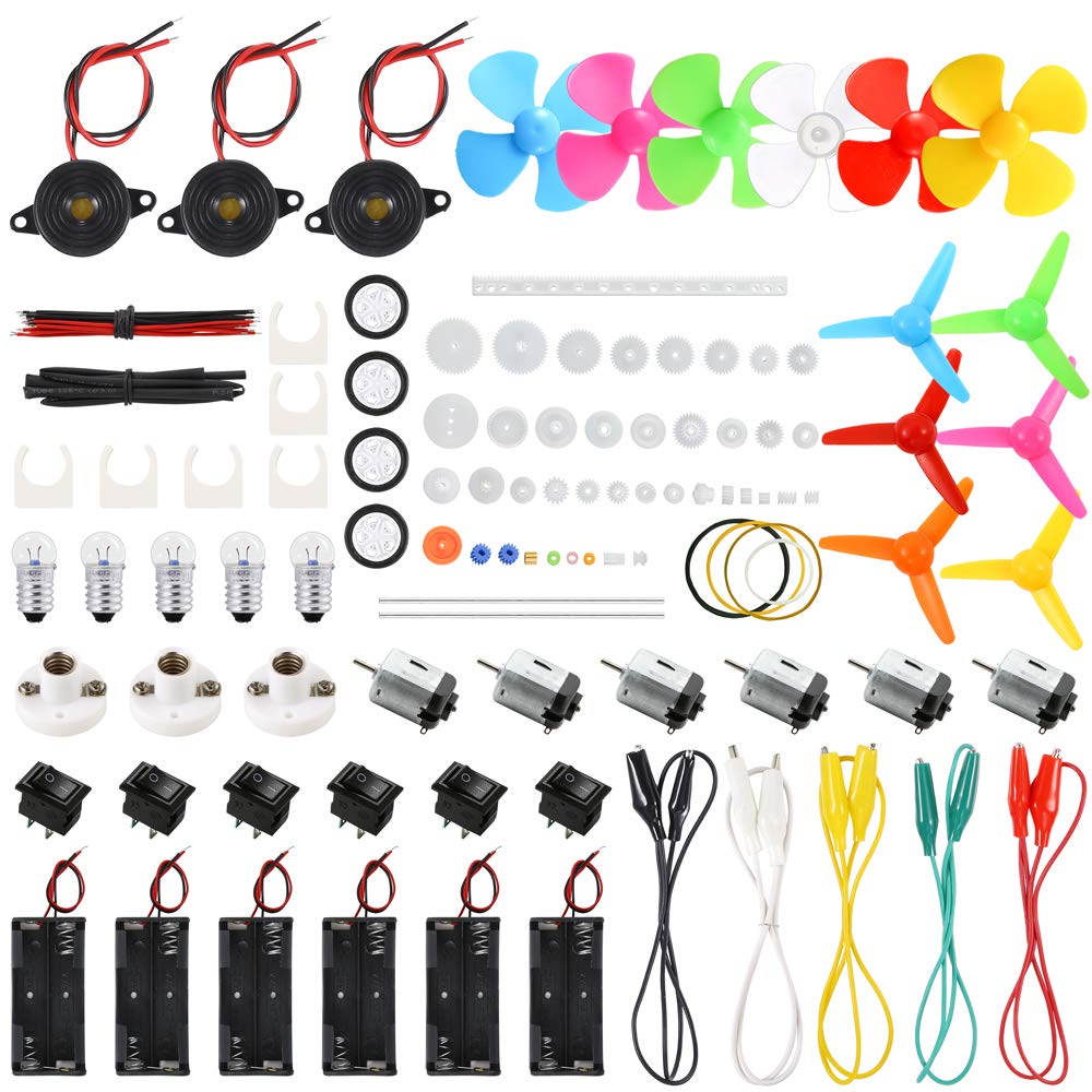 Sntieecr 6-Set 131-Pcs DC Motors Kit for Kids | Mini Motors, 1.5-3V, 15000RPM, 66 Gears, Propellers, Bulbs & Buzzer | STEM DIY Project