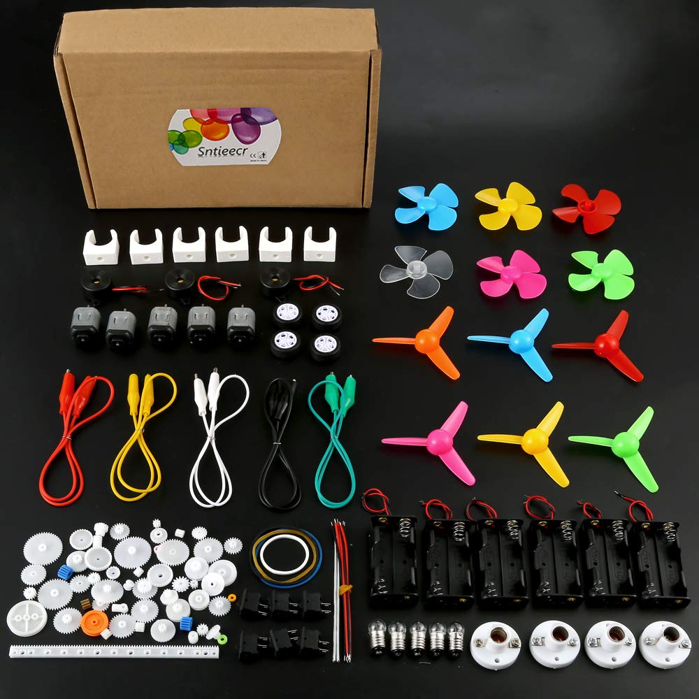 Sntieecr 6-Set 131-Pcs DC Motors Kit for Kids | Mini Motors, 1.5-3V, 15000RPM, 66 Gears, Propellers, Bulbs & Buzzer | STEM DIY Project