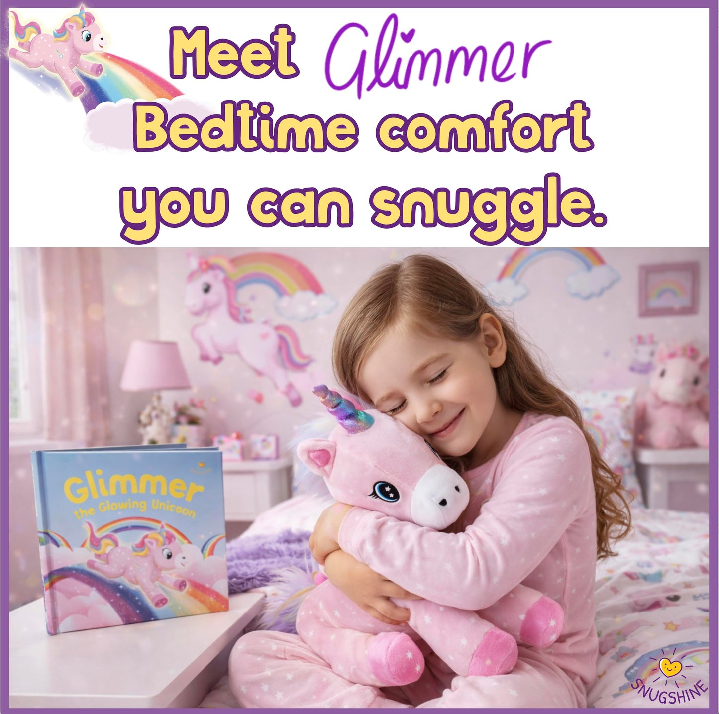 SNUGSHINE Glow in the Dark Unicorn Plush with Book & Flashlight Projector — 18-Inch Gift Set