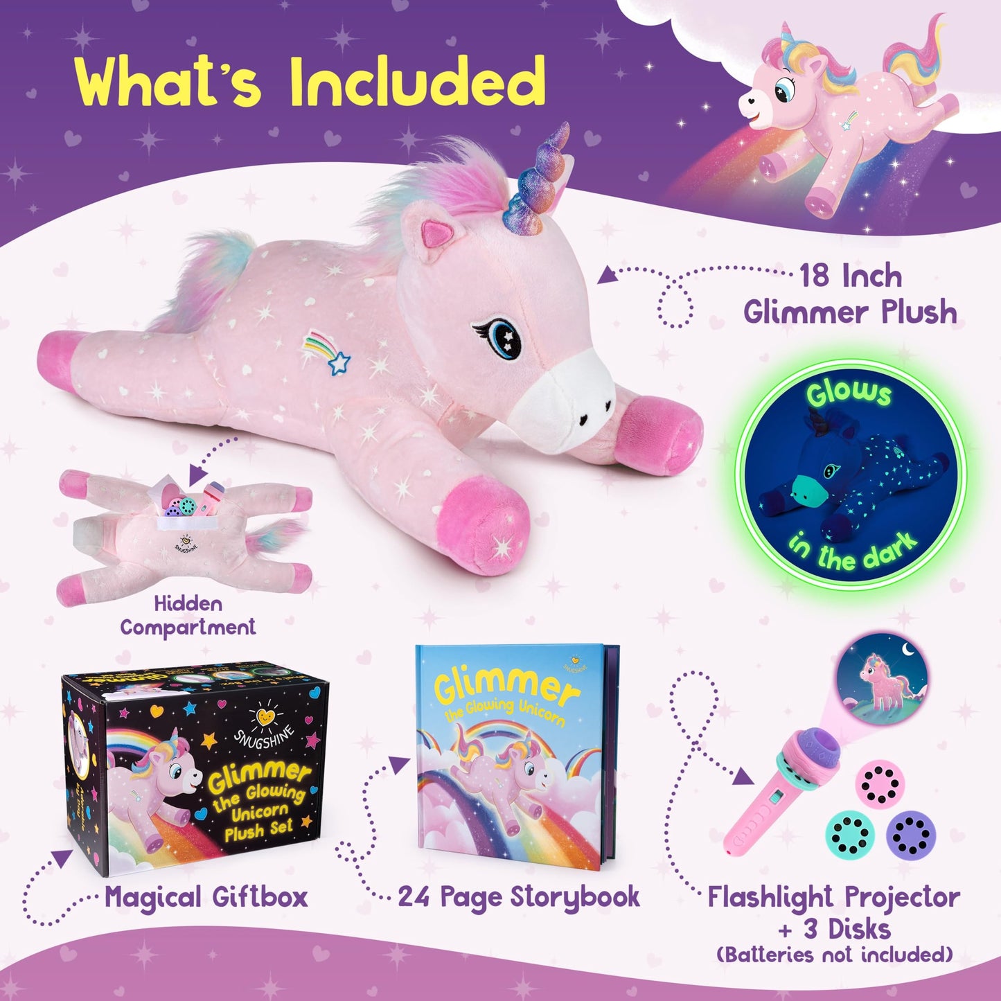 SNUGSHINE Glow in the Dark Unicorn Plush with Book & Flashlight Projector — 18-Inch Gift Set