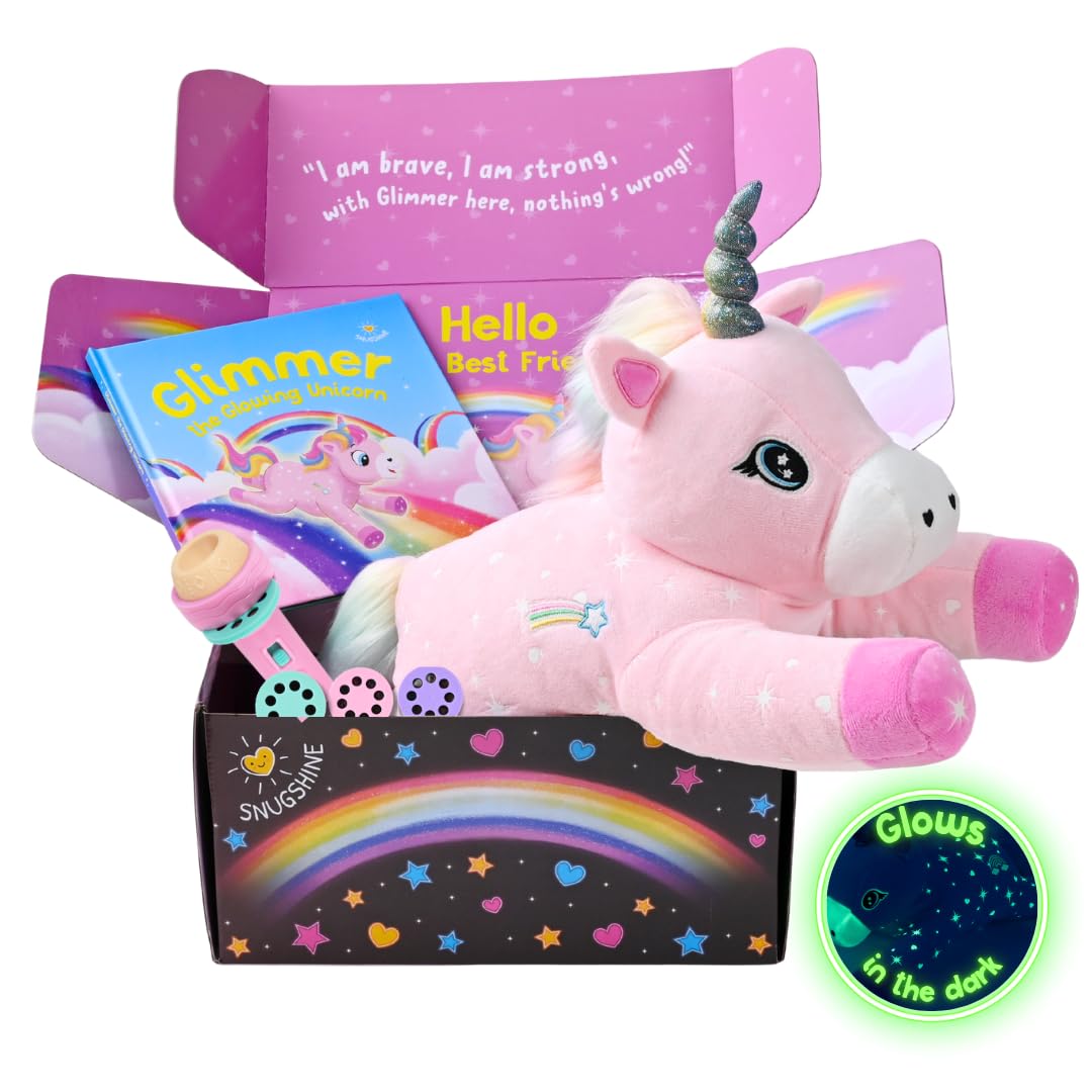 SNUGSHINE Glow in the Dark Unicorn Plush with Book & Flashlight Projector — 18-Inch Gift Set