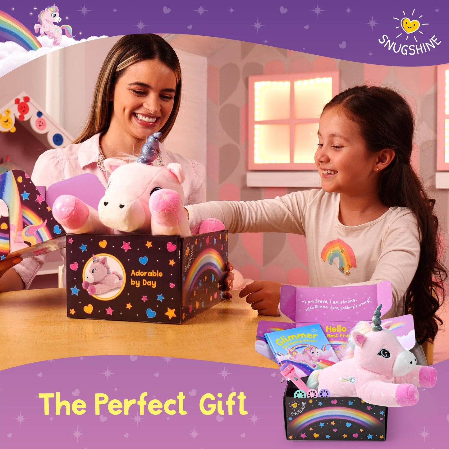 SNUGSHINE Glow in the Dark Unicorn Plush with Book & Flashlight Projector — 18-Inch Gift Set