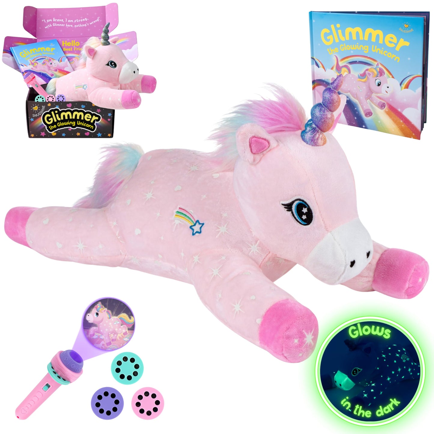 SNUGSHINE Glow in the Dark Unicorn Plush with Book & Flashlight Projector — 18-Inch Gift Set