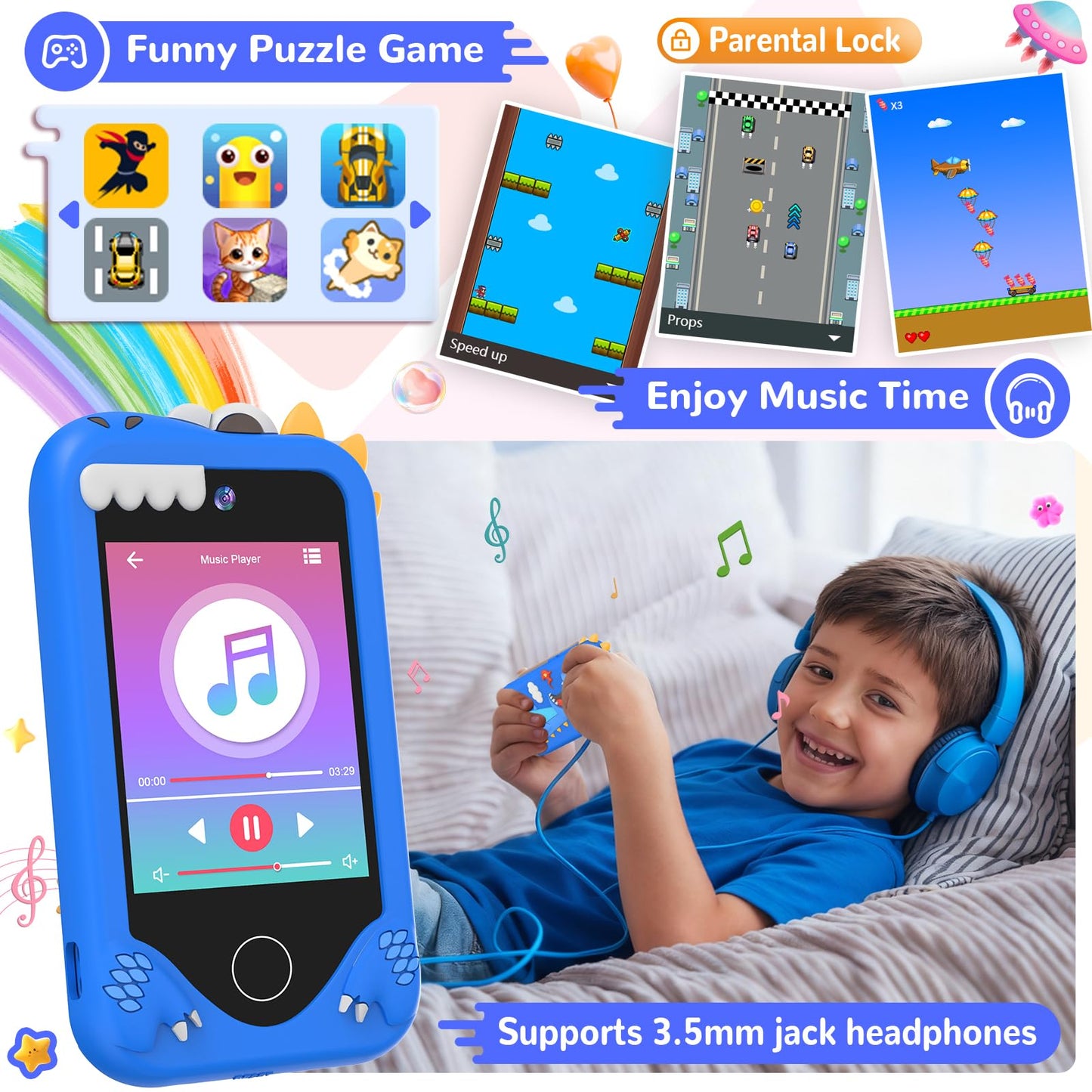 SNWIDA Kids Smart Phone for Boys – 2.8-inch Touchscreen, Dual Cameras, 32 GB Card, Learning & Play