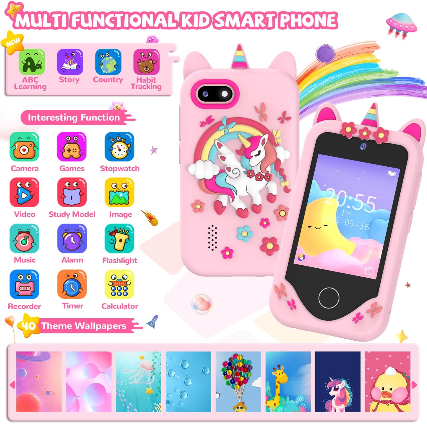 SNWIDA Kids Smart Phone for Girls – 2.8-inch Touchscreen, Dual Cameras, 32 GB Card